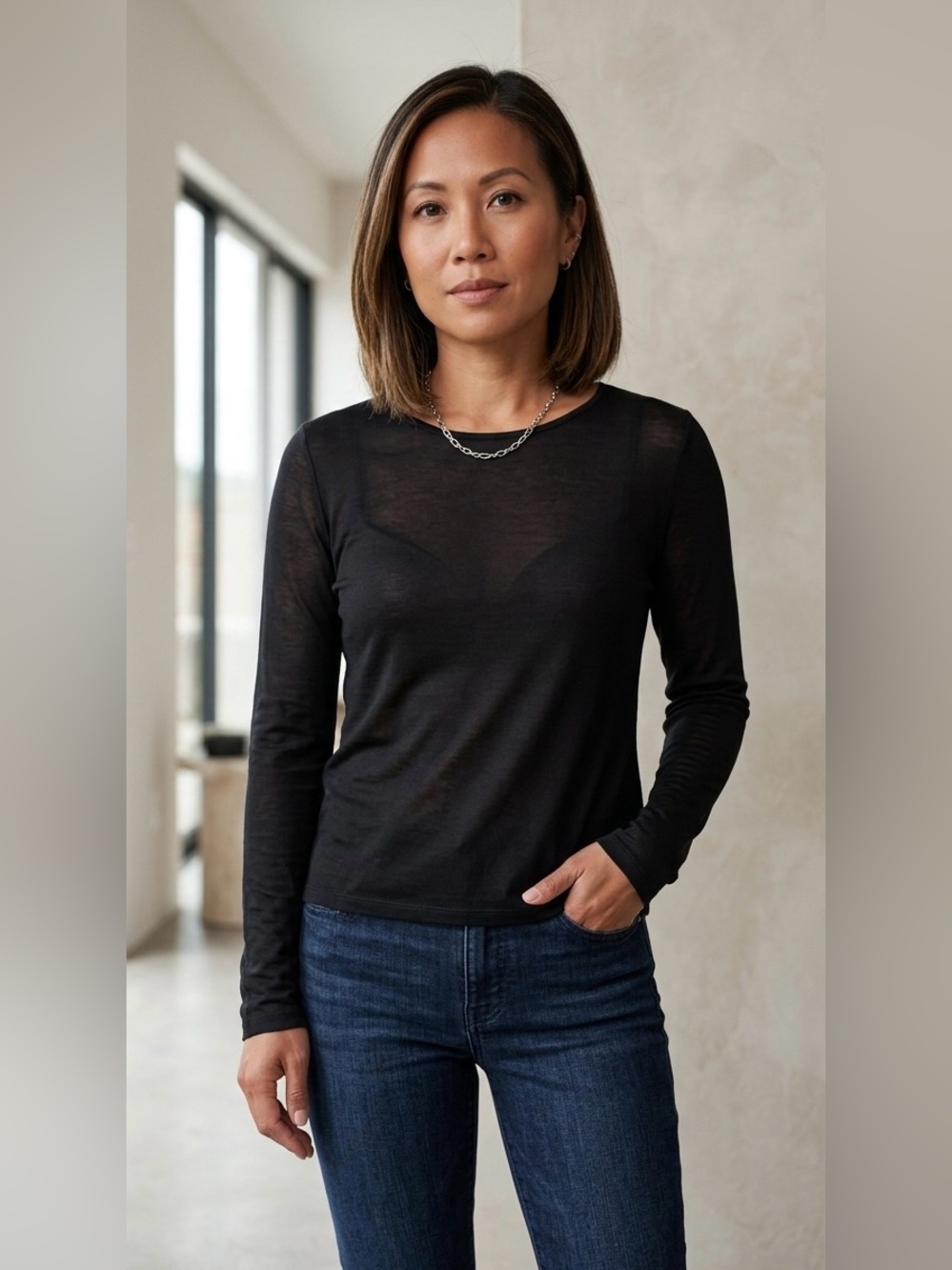 Eileen Fisher Petite Small Black 100% Silk Knit Long Sleeve Crewneck Top PS